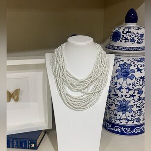 Vintage Multi-strand White Beaded Necklace with Rhinestone and Gold Clasp